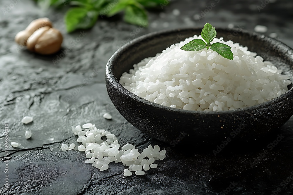 Freshly cooked white rice in a dark bowl on a textured surface. Freshly cooked white rice in a dark bowl on a textured surface.
