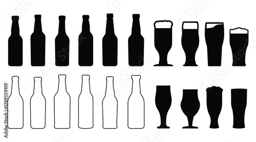 Beer Bottle and Glass Icon Set - Brewery Silhouettes, Alcohol Beverage Vector Collection