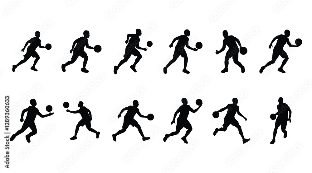 Basketball Player Silhouette Icon Set - Dribbling and Running Vector Collection Basketball Player Silhouette Icon Set - Dribbling and Running Vector Collection