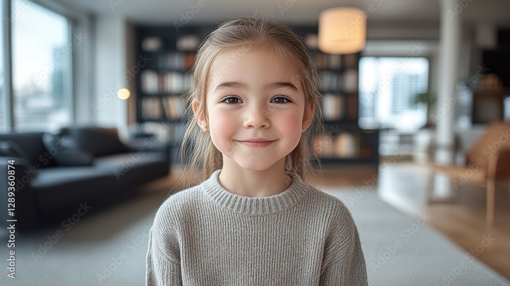A young girl with a cheerful expression stands in a stylish living room filled with natural light. The contemporary space features bookshelves and soft furnishings A young girl with a cheerful expression stands in a stylish living room filled with natural light. The contemporary space features bookshelves and soft furnishings