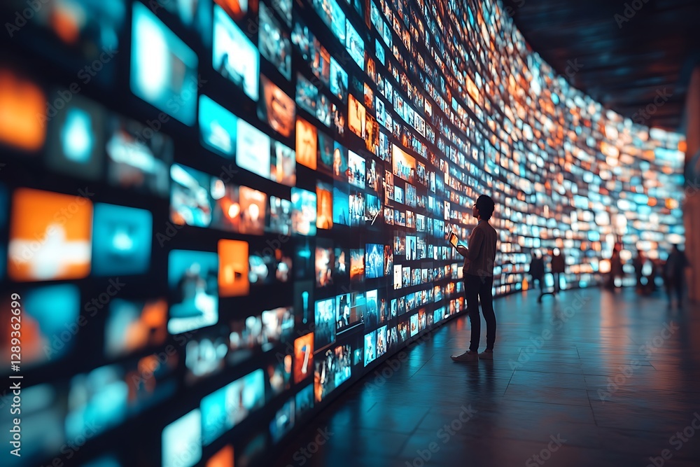 Interactive media wall, viewing many images, modern building, background entertainment Interactive media wall, viewing many images, modern building, background entertainment