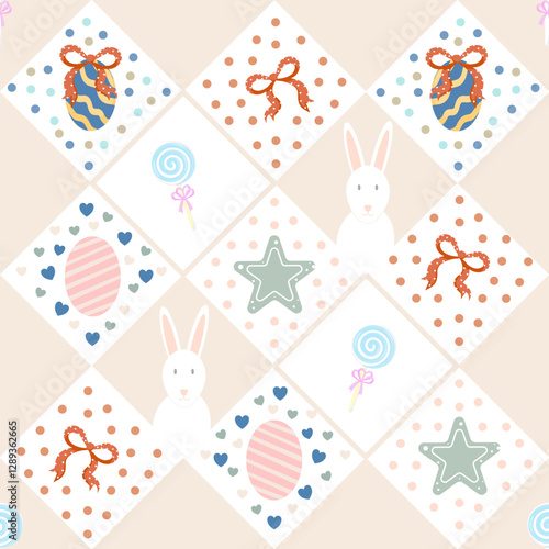 Easter seamless pattern,  Easter-themed pattern featuring decorated eggs, bows, stars, hearts, lollipops, and bunny illustrations on a beige background.