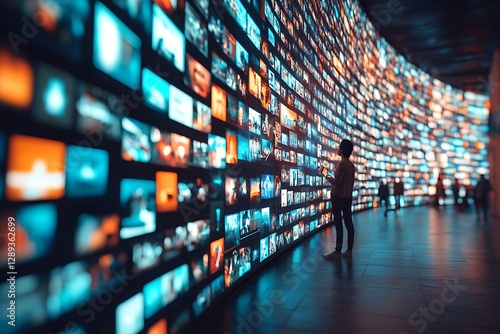 Interactive media wall, viewing many images,  modern building,  background entertainment