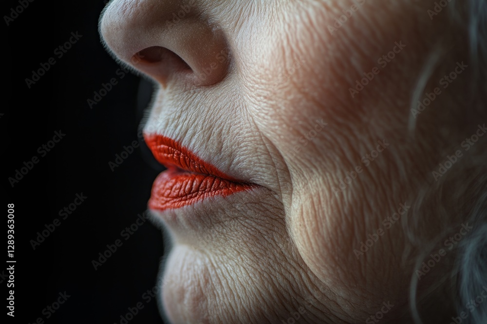 Obraz premium Close-up of an elderly woman's face highlighting wrinkles and red lipstick, emphasizing aging and beauty