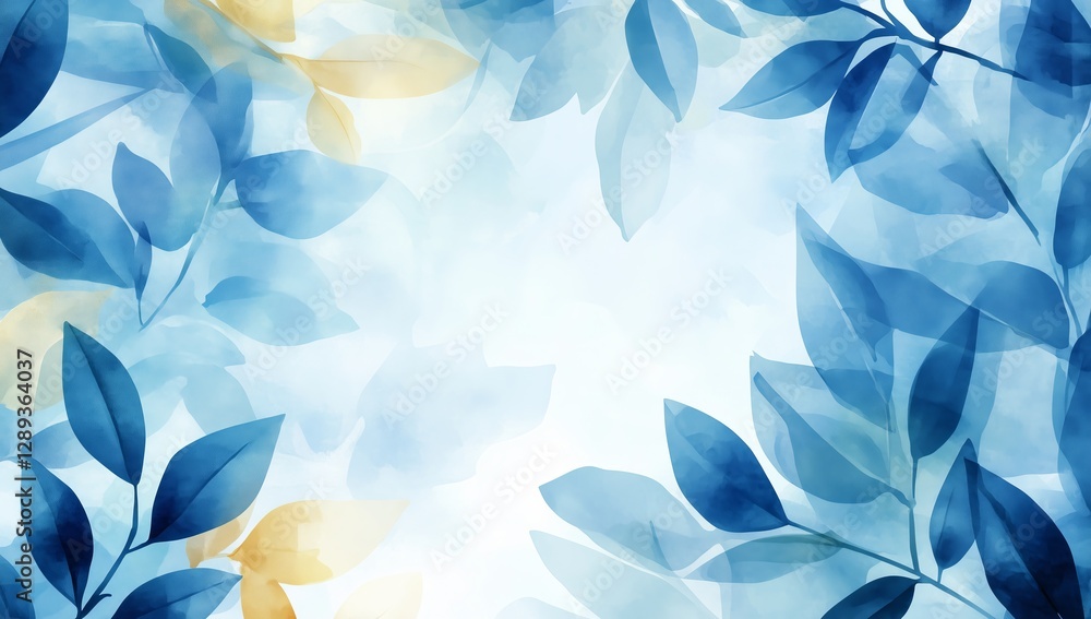 Fototapeta premium Soft blue watercolor background with delicate translucent leaves, A serene and calming aesthetic ideal for modern design, Invitation or digital artwork