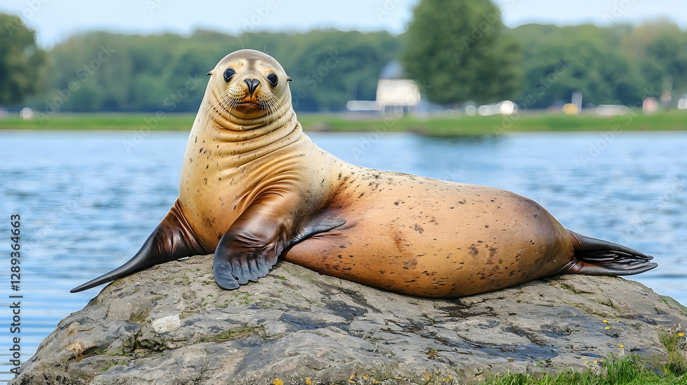 Fototapeta premium Sea lion resting on rock by river, wildlife park scene