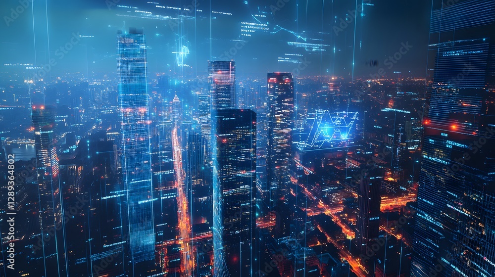 Obraz premium Futuristic Cityscape with Illuminated Skyscrapers and Digital Surveillance Systems