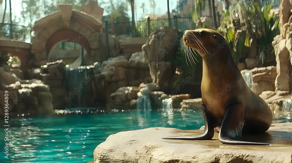 Fototapeta premium California sea lion rests by pool, resort background, wildlife exhibit