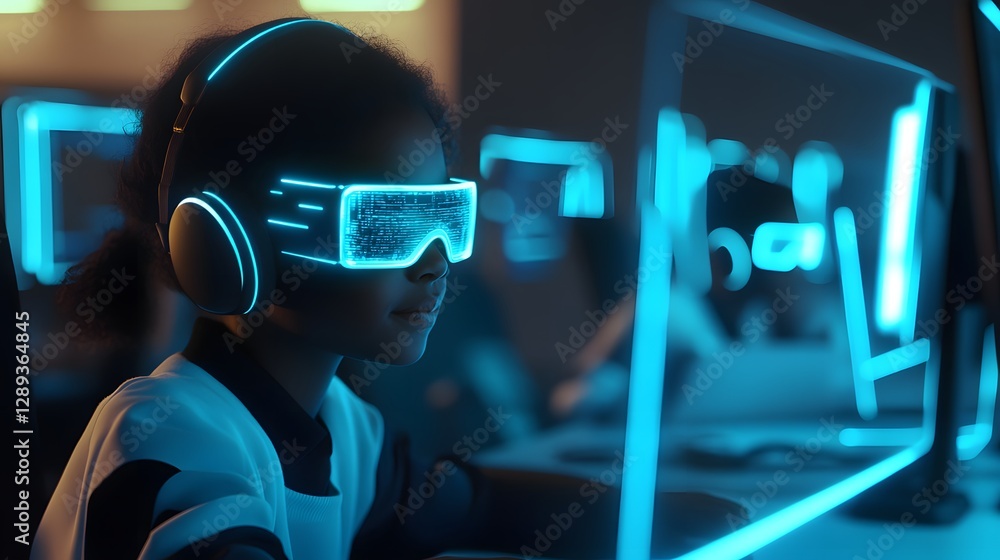 Futuristic Classroom with Students in Virtual Learning Headsets Futuristic Classroom with Students in Virtual Learning Headsets
