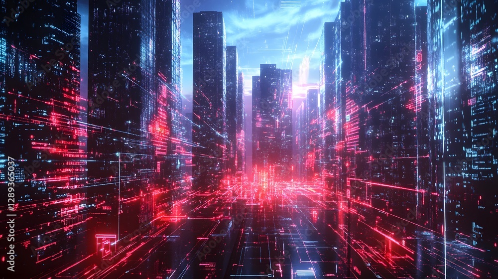 Fototapeta premium Futuristic City Protected by AI Driven Firewalls at Night