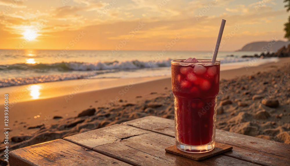 Refreshing drink at sunset on beach Refreshing drink at sunset on beach