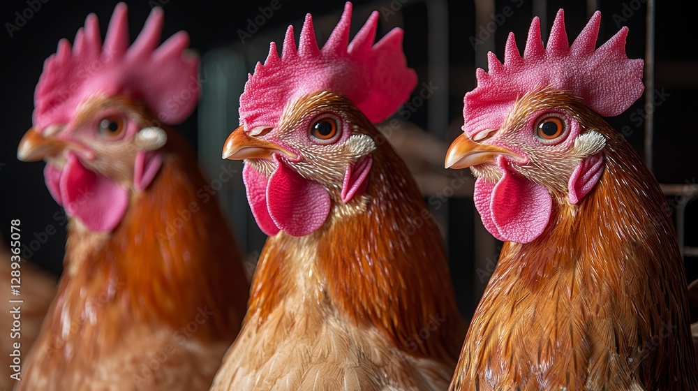 Fototapeta premium Three vibrant and detailed chickens with colorful combs and wattles displayed closely in a rustic farm setting.