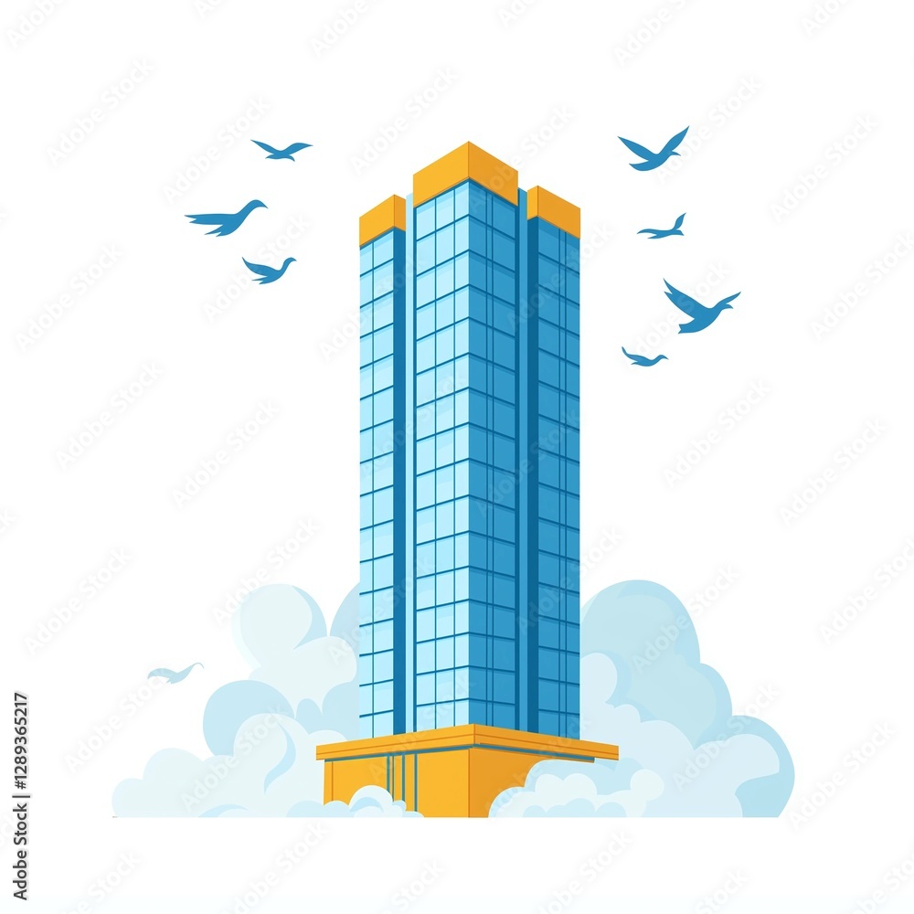 Naklejka premium Modern Glass Skyscraper Building with Reflective Windows, Surrounded by Clouds and Flying Birds 