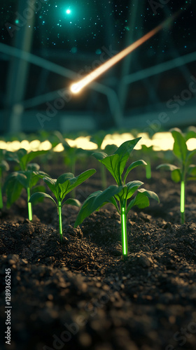 A close-up view of young plants growing in a greenhouse with glowing LED lights illuminating the soil, set against a cosmic starry sky with a meteor streaking across. Symbolizing futuristic farming. photo