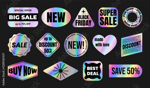 Set of color neon sticker, label, tag with holographic effect. Isolated Shiny rainbow emblem New, 50% off, Best offer, deal, Sale, buy now, Discount Vector illustration EPS10