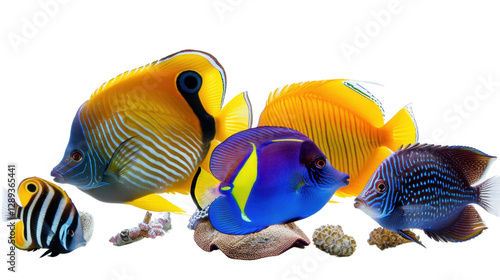 Colorful tropical fish swimming together on transparent background photo