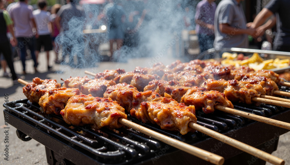 Grilled skewers of chicken with smoky aroma at food festival Grilled skewers of chicken with smoky aroma at food festival