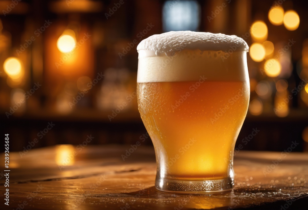 dynamic close view frosty beer frosted glass highlighting rich foam golden color, ale, amber, beverage, bubbly, carbonation, craft, crisp, draft, drink