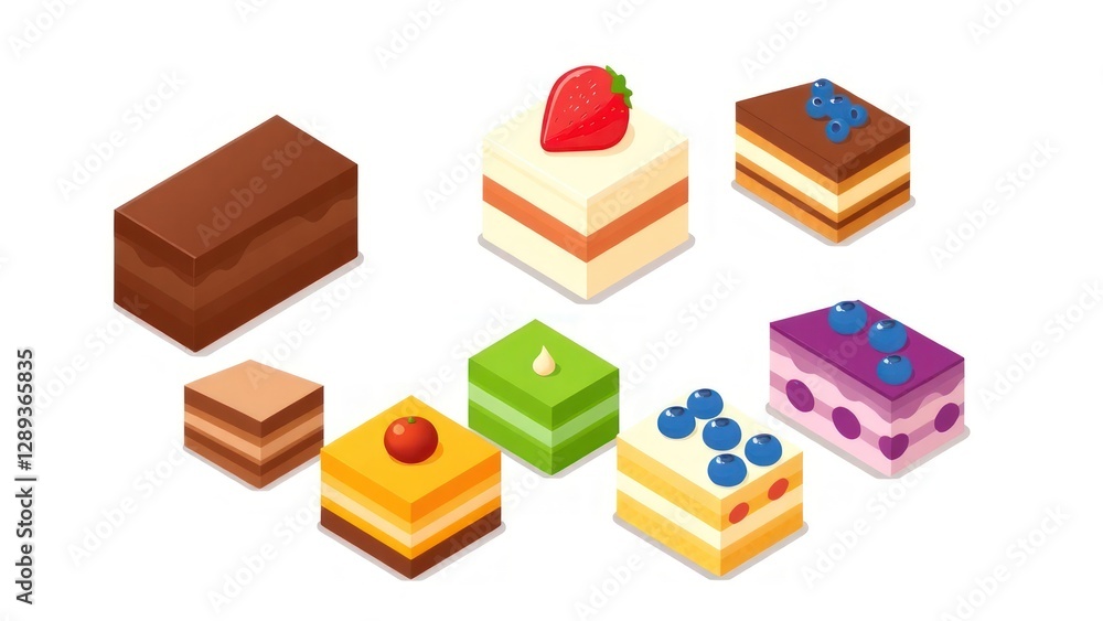 Obraz premium Collection of cube cake slices. Chocolate, strawberry, vanilla, matcha or green tea, orange, and blueberry cake. Isometric sweets icon. Cute cartoon vector illustration. Cafe sweet dessert menu.