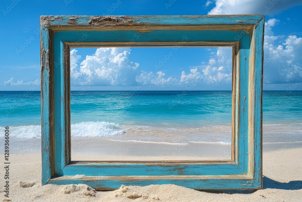 Fototapeta premium Wooden frame framing beautiful tropical beach and ocean view on sunny day