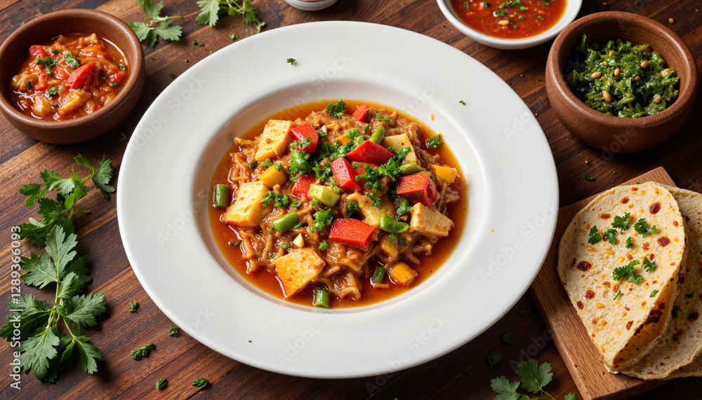 Delicious mixed vegetable curry with herbs on wooden table Delicious mixed vegetable curry with herbs on wooden table