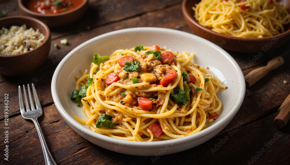 Delicious pasta dish with fresh vegetables in a rustic setting Delicious pasta dish with fresh vegetables in a rustic setting
