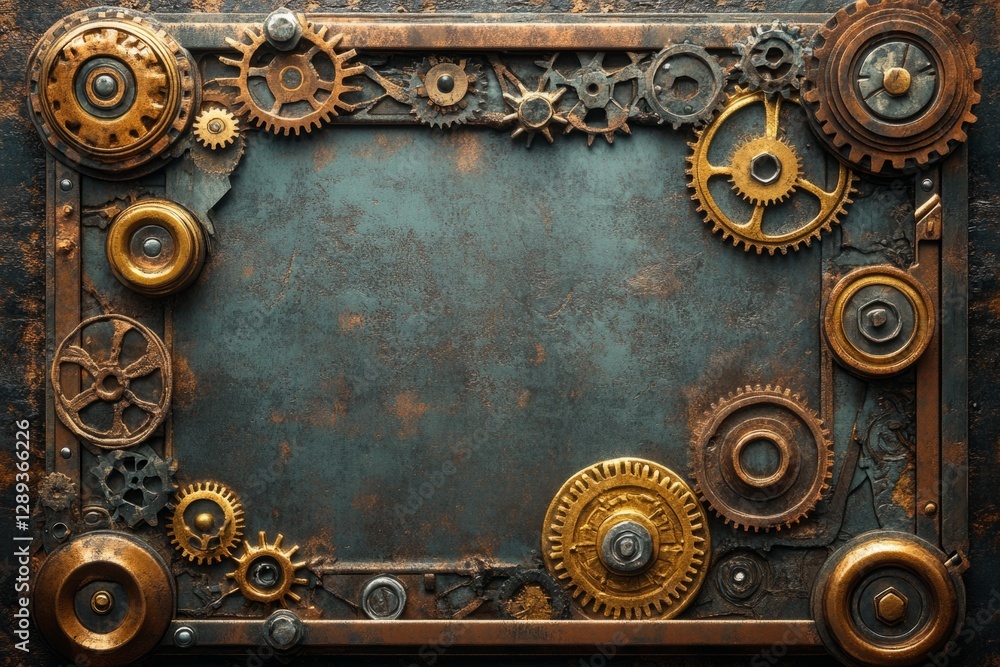 Metal steampunk frame border made of gears, cogwheels, and mechanical parts creating a rectangular shape on a textured background Metal steampunk frame border made of gears, cogwheels, and mechanical parts creating a rectangular shape on a textured background