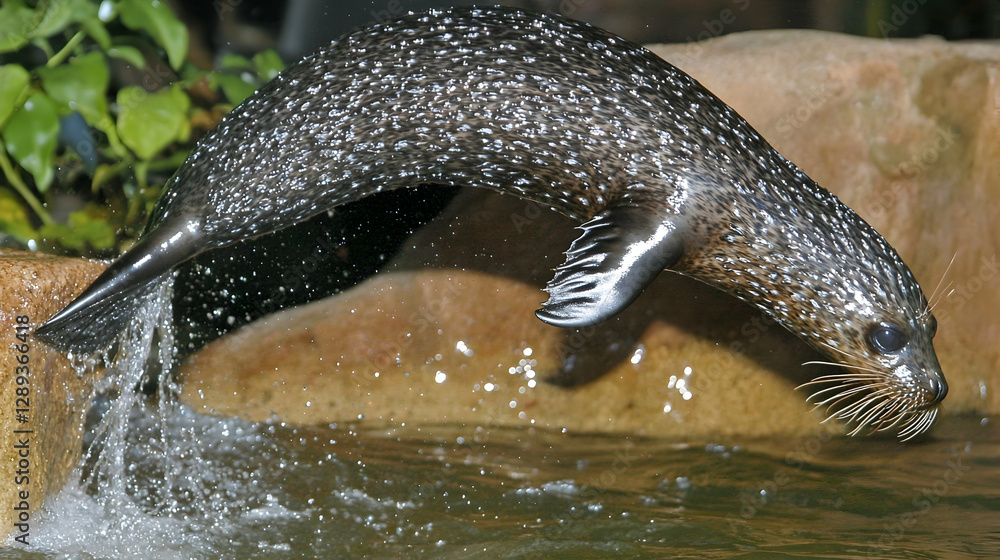 Fototapeta premium Seal leaping from rock into water, aquatic exhibit background, wildlife photography