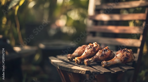 Fried chicken legs on wooden background selective focus sat on woodeb chair photo