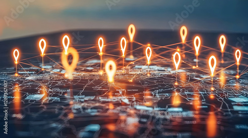 Global Network Map Illuminated Location Pins Connected on Cityscape at Dusk