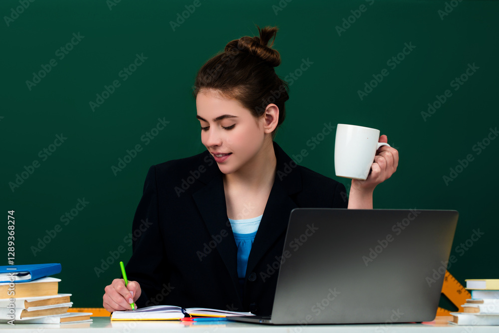 Student girl in high school classroom. Knowledge in high school. Schoolgirl in high school or university. Student drinking coffee in classroom. Coffee break in university. Student girl hold coffee cup Student girl in high school classroom. Knowledge in high school. Schoolgirl in high school or university. Student drinking coffee in classroom. Coffee break in university. Student girl hold coffee cup