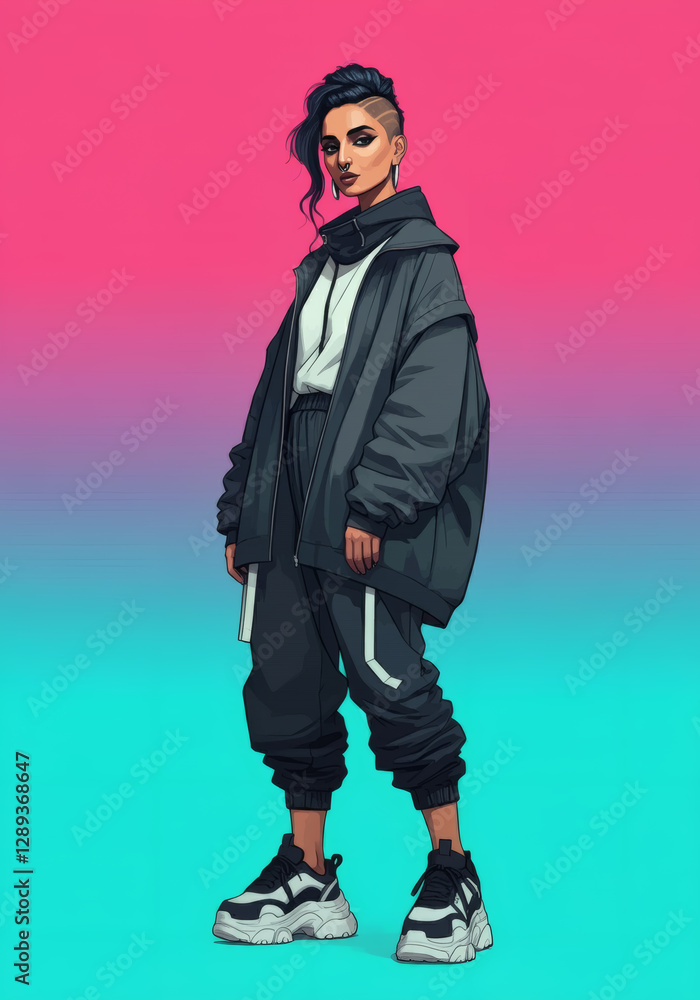 Confident woman in edgy streetwear outfit posing against a bold pink and purple neon background with urban attitude Confident woman in edgy streetwear outfit posing against a bold pink and purple neon background with urban attitude