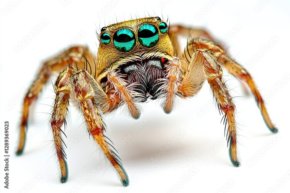 Fototapeta premium Jumping spider demonstrating intricate details and vibrant colors against a pure white backdrop