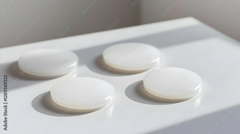 White discs on table, sunlit room, minimalist mockup, product display White discs on table, sunlit room, minimalist mockup, product display