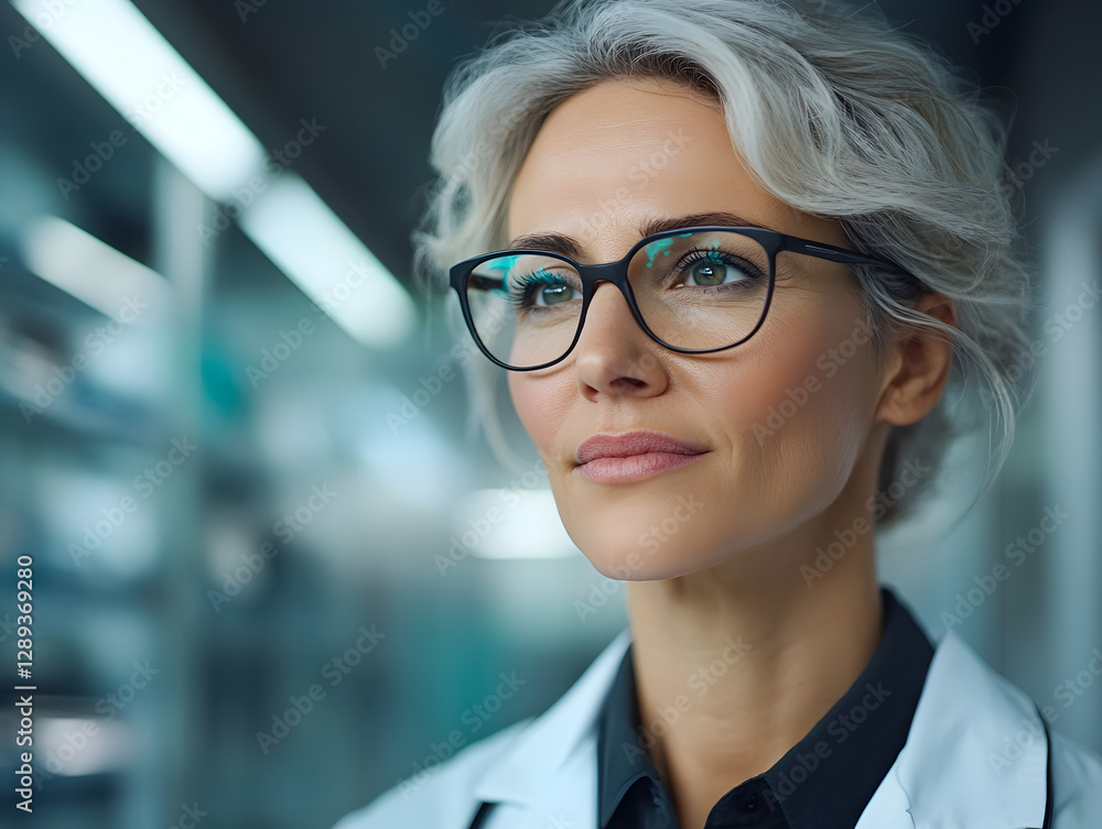 Confident Female Professional Standing in Modern Laboratory Setting Confident Female Professional Standing in Modern Laboratory Setting
