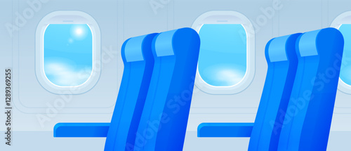 Airplane seat. Windows from inside the airplane. Airplane interior design. Airplane chair. Airline chair business class. Travelling by plane.