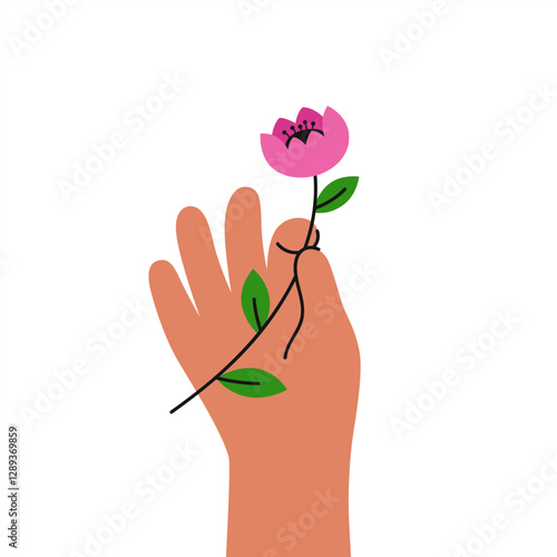Happy international women's day. Girl power. Feminism. female hands holding beautiful flower. Different skin colored elegant woman hands isolated.  Modern vector illustration in flat style