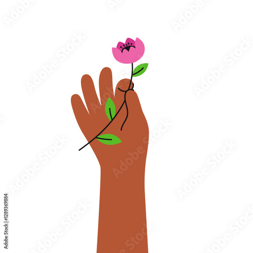 Happy international women's day. Girl power. Feminism. female hands holding beautiful flower. Different skin colored elegant woman hands isolated.  Modern vector illustration in flat style