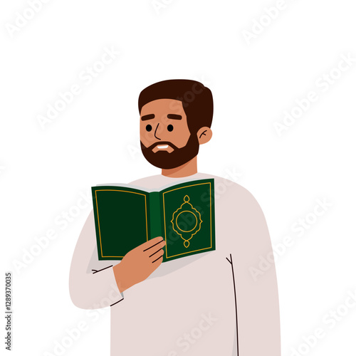 Muslim man praying and read Koran. Eid al-Adha celebration. Traditional Muslim holiday. Ramadan Mubarak celebration. studying islam and commandments of prophet muhammad from book.