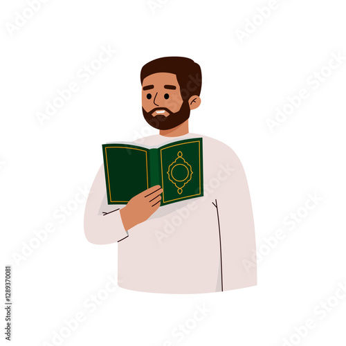 Muslim man praying and read Koran. Eid al-Adha celebration. Traditional Muslim holiday. Ramadan Mubarak celebration. studying islam and commandments of prophet muhammad from book.
