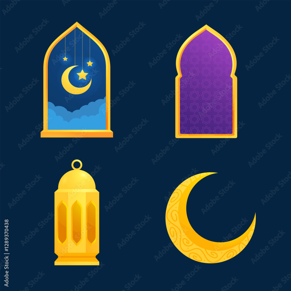 Obraz premium Muslim man praying and read Koran. Ramadan Kareem window and lantern backgrounds. Modern Islamic greeting card template and wallpaper design. Traditional Muslim holiday.