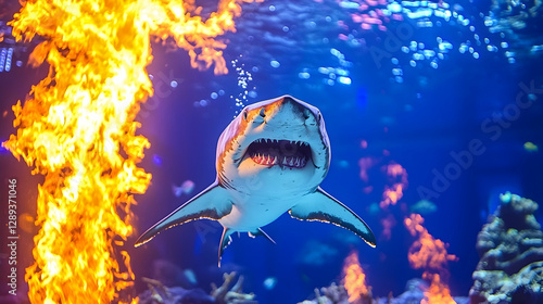 Great white shark aquarium exhibit, fiery background, underwater scene, dramatic lighting