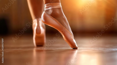 A close-up of a dancer's feet in pointe shoes performing a pirouette on a wooden floor. Generative AI photo