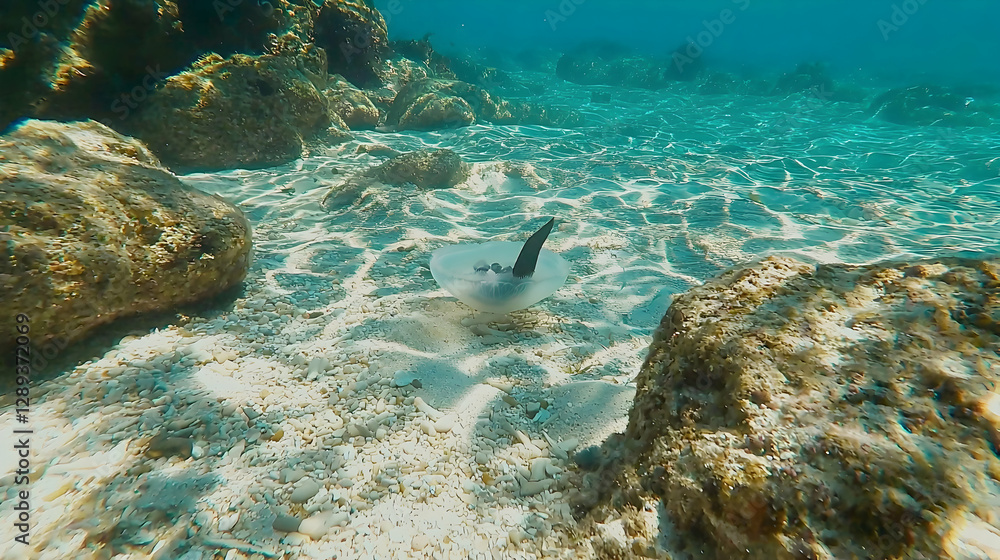Fototapeta premium Stingray glides on sandy ocean floor, sunlit shallows, coral reef background, underwater wildlife photography