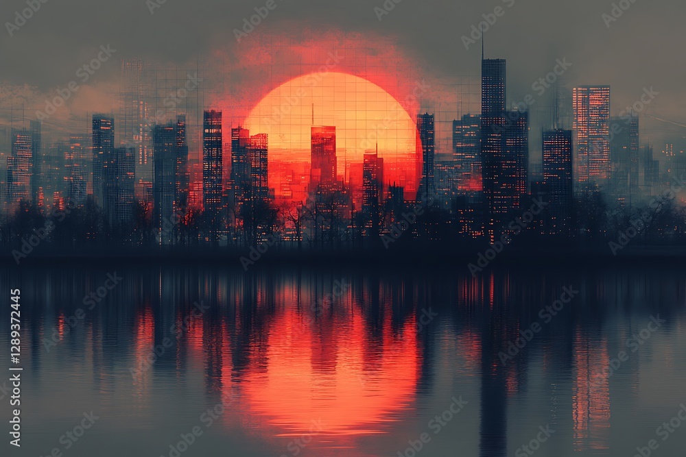 Fototapeta premium Fiery Sunset Over a City Reflected in Water