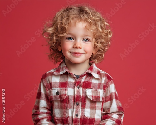 Child portrait, red background, happy smile, studio shot,  for kids photo