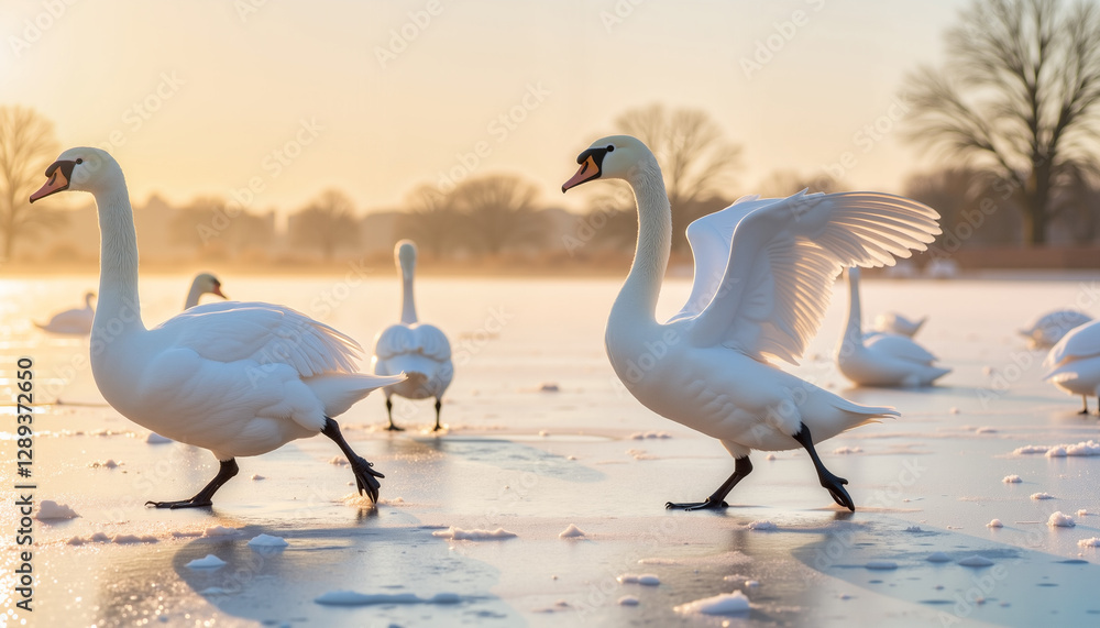 Swans walking on a frozen lake at sunrise, spreading their wings and preparing for flight as part of their early spring migration Swans walking on a frozen lake at sunrise, spreading their wings and preparing for flight as part of their early spring migration