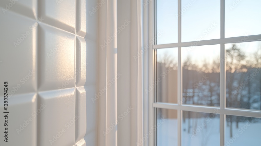 Fototapeta premium White window view, sunlight, winter landscape, interior design, home decor