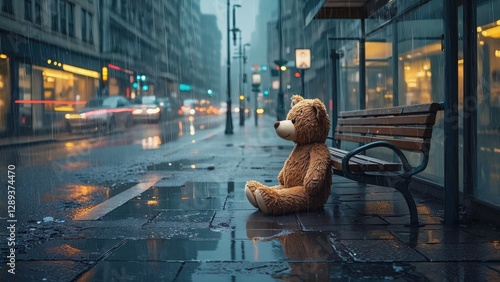 Fototapeta Naklejka Na Ścianę i Meble -  A teddy bear sits alone on a rainy city street, evoking nostalgia.