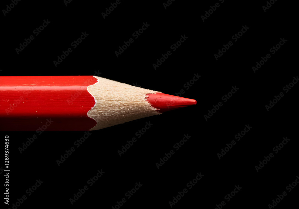 Obraz premium Close-up of a sharpened red pencil on a black background, symbolizing creativity, writing, and brainstorming ideas.